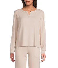 VAN WINKLE & CO. Solid Ribbed Knit Split Round Neck Long Sleeve Coordinating Sleep Top