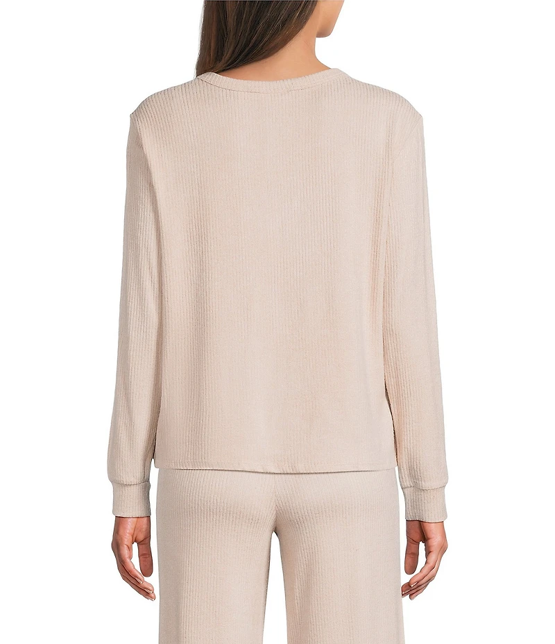 VAN WINKLE & CO. Solid Ribbed Knit Split Round Neck Long Sleeve Coordinating Sleep Top