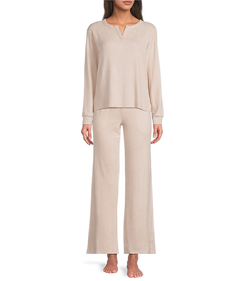 VAN WINKLE & CO. Solid Ribbed Knit Split Round Neck Long Sleeve Coordinating Sleep Top