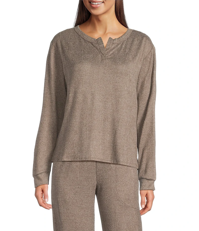 VAN WINKLE & CO. Solid Ribbed Knit Split Round Neck Long Sleeve Coordinating Sleep Top
