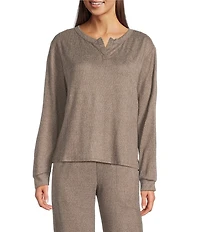 VAN WINKLE & CO. Solid Ribbed Knit Split Round Neck Long Sleeve Coordinating Sleep Top