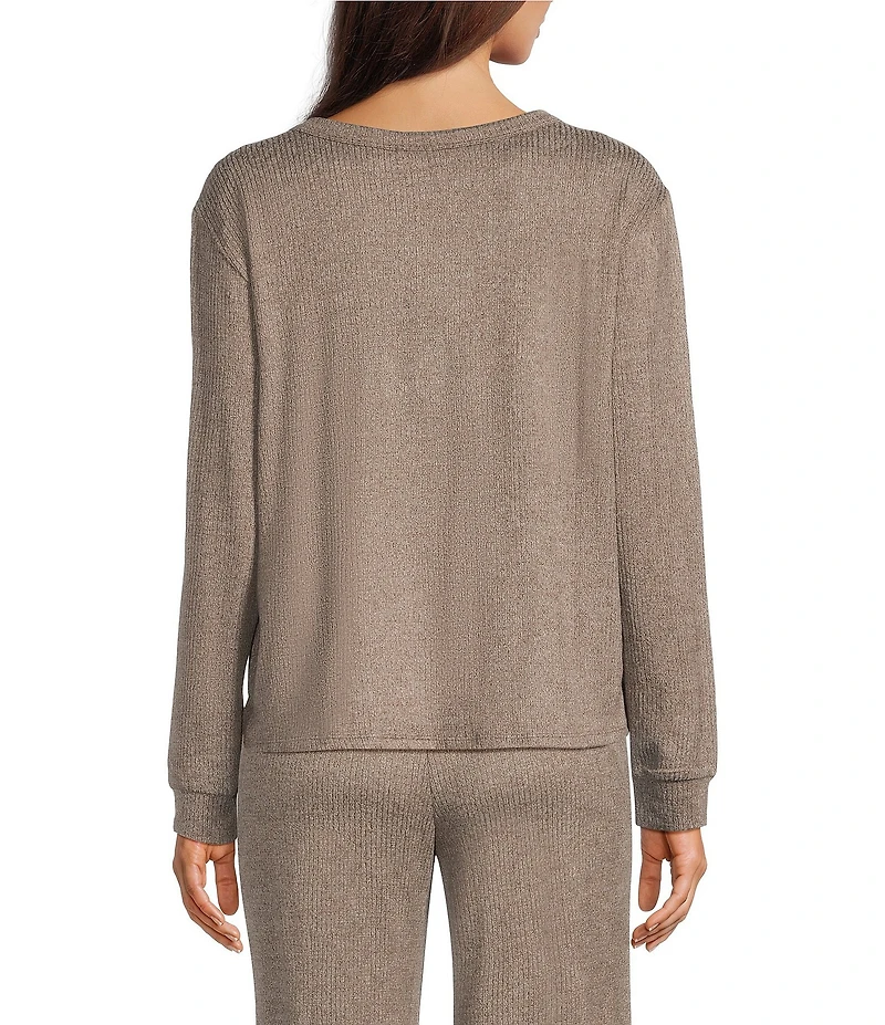 VAN WINKLE & CO. Solid Ribbed Knit Split Round Neck Long Sleeve Coordinating Sleep Top