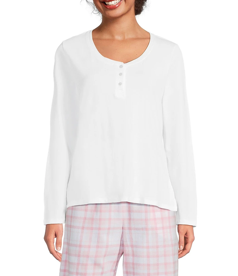 Sleep Sense Solid Ribbed Knit Split Round Neck Long Sleeve Coordinating Sleep Top