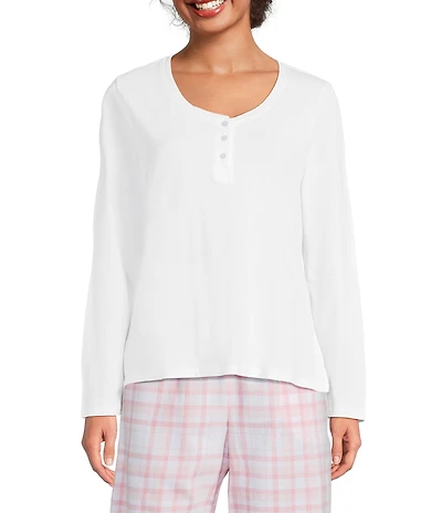 Sleep Sense Solid Ribbed Knit Split Round Neck Long Sleeve Coordinating Sleep Top