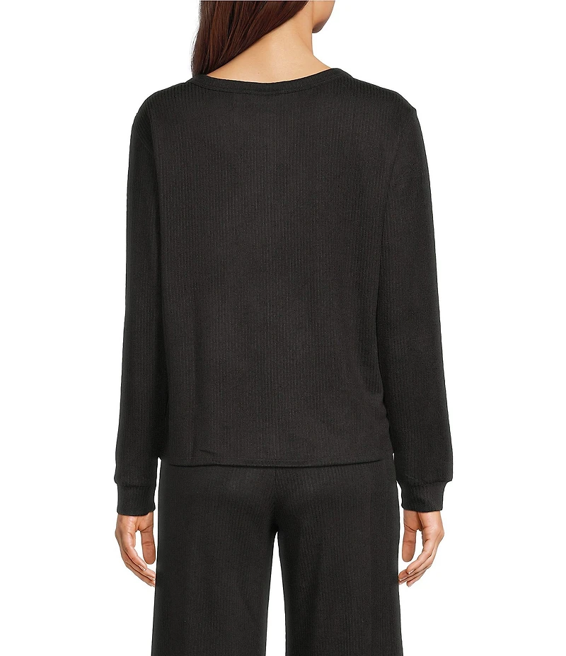 VAN WINKLE & CO. Solid Ribbed Knit Split Round Neck Long Sleeve Coordinating Sleep Top