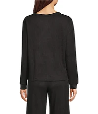 VAN WINKLE & CO. Solid Ribbed Knit Split Round Neck Long Sleeve Coordinating Sleep Top