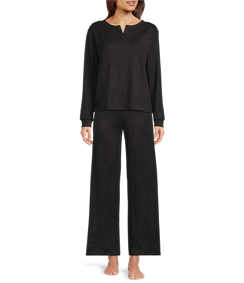 VAN WINKLE & CO. Solid Ribbed Knit Split Round Neck Long Sleeve Coordinating Sleep Top