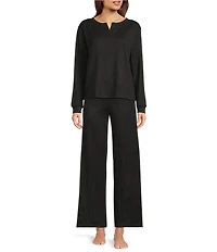 VAN WINKLE & CO. Solid Ribbed Knit Split Round Neck Long Sleeve Coordinating Sleep Top