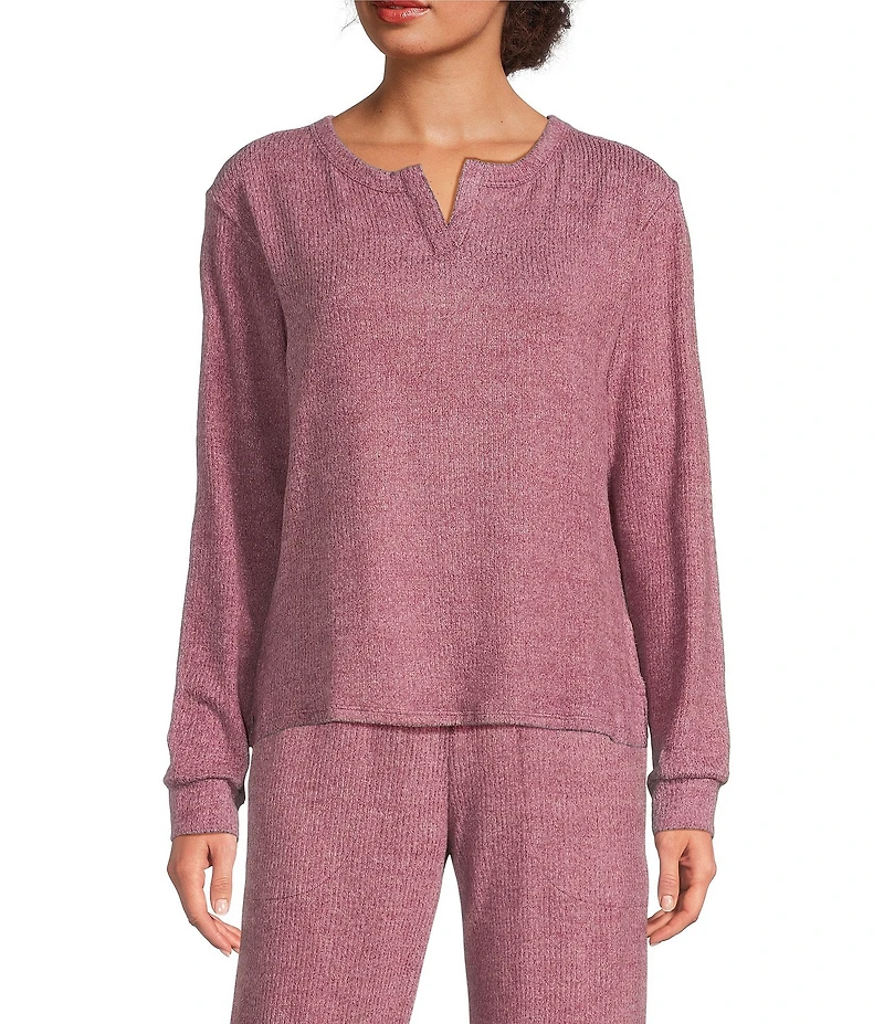 VAN WINKLE & CO. Solid Ribbed Knit Split Round Neck Long Sleeve Coordinating Sleep Top