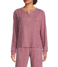 VAN WINKLE & CO. Solid Ribbed Knit Split Round Neck Long Sleeve Coordinating Sleep Top