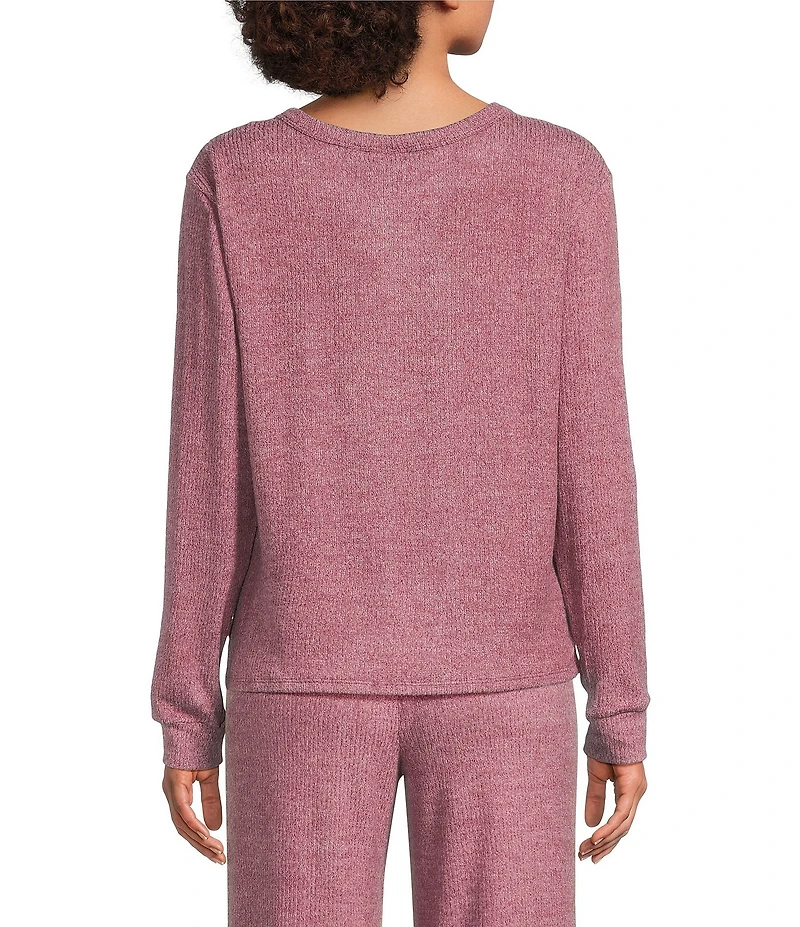 VAN WINKLE & CO. Solid Ribbed Knit Split Round Neck Long Sleeve Coordinating Sleep Top