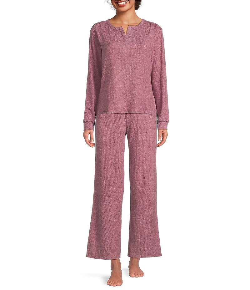 VAN WINKLE & CO. Solid Ribbed Knit Split Round Neck Long Sleeve Coordinating Sleep Top