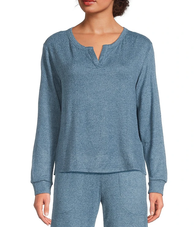 Sleep Sense Solid Ribbed Knit Split Round Neck Long Sleeve