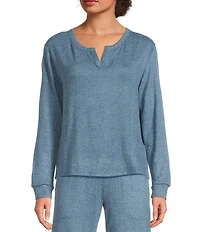 VAN WINKLE & CO. Solid Ribbed Knit Split Round Neck Long Sleeve Coordinating Sleep Top