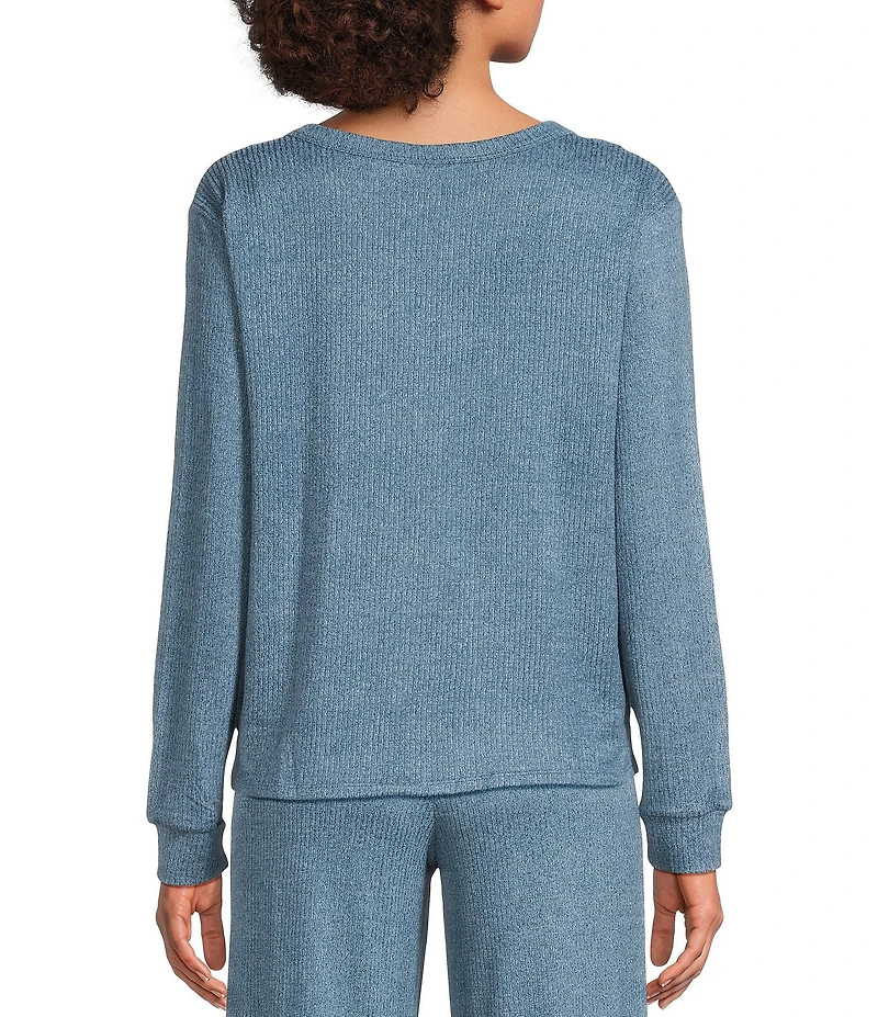 VAN WINKLE & CO. Solid Ribbed Knit Split Round Neck Long Sleeve Coordinating Sleep Top