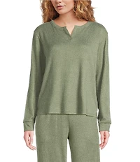VAN WINKLE & CO. Solid Ribbed Knit Split Round Neck Long Sleeve Coordinating Sleep Top