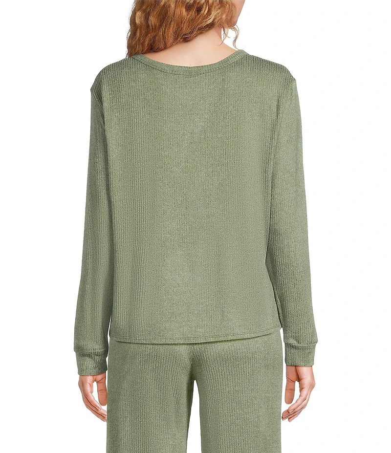 VAN WINKLE & CO. Solid Ribbed Knit Split Round Neck Long Sleeve Coordinating Sleep Top