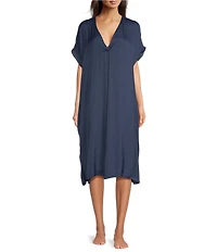 VAN WINKLE & CO. Solid V-Neck Short Dolman Sleeve Satin Midi Nightgown