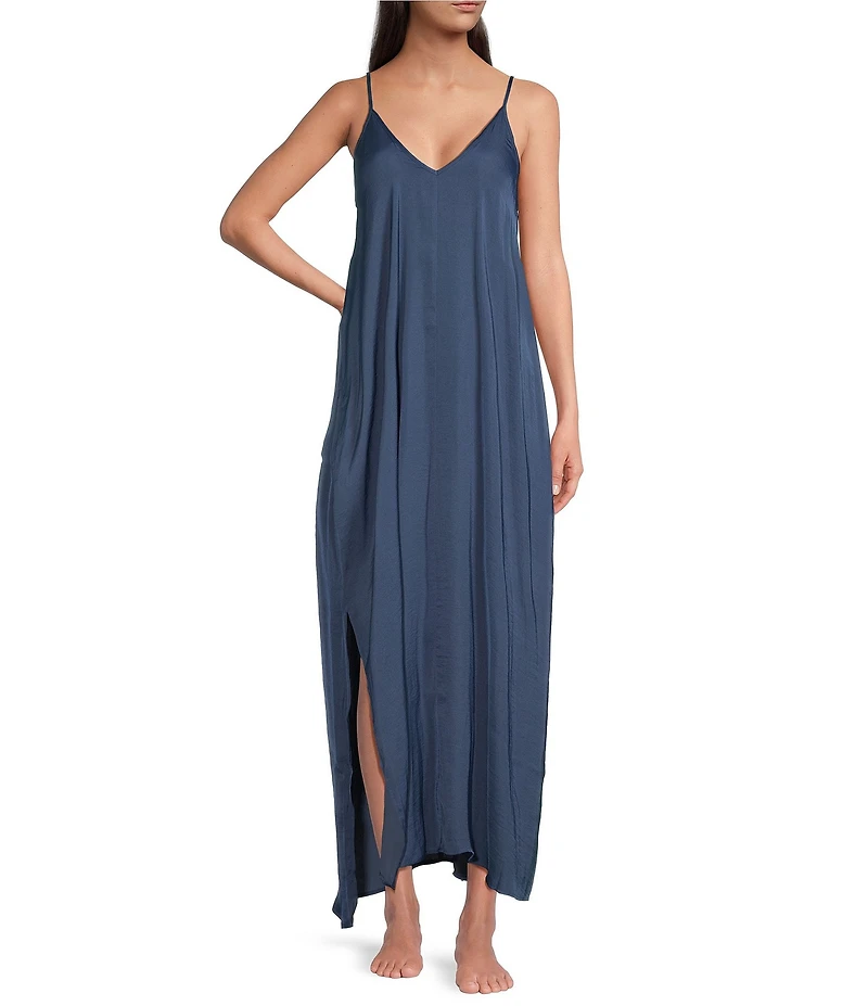Van Winkle & Co. Solid Washed Satin Sleeveless V-Neck Maxi Chemise
