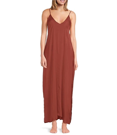 Van Winkle & Co. Solid Washed Satin Sleeveless V-Neck Maxi Chemise