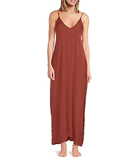 Van Winkle & Co. Solid Washed Satin Sleeveless V-Neck Maxi Chemise