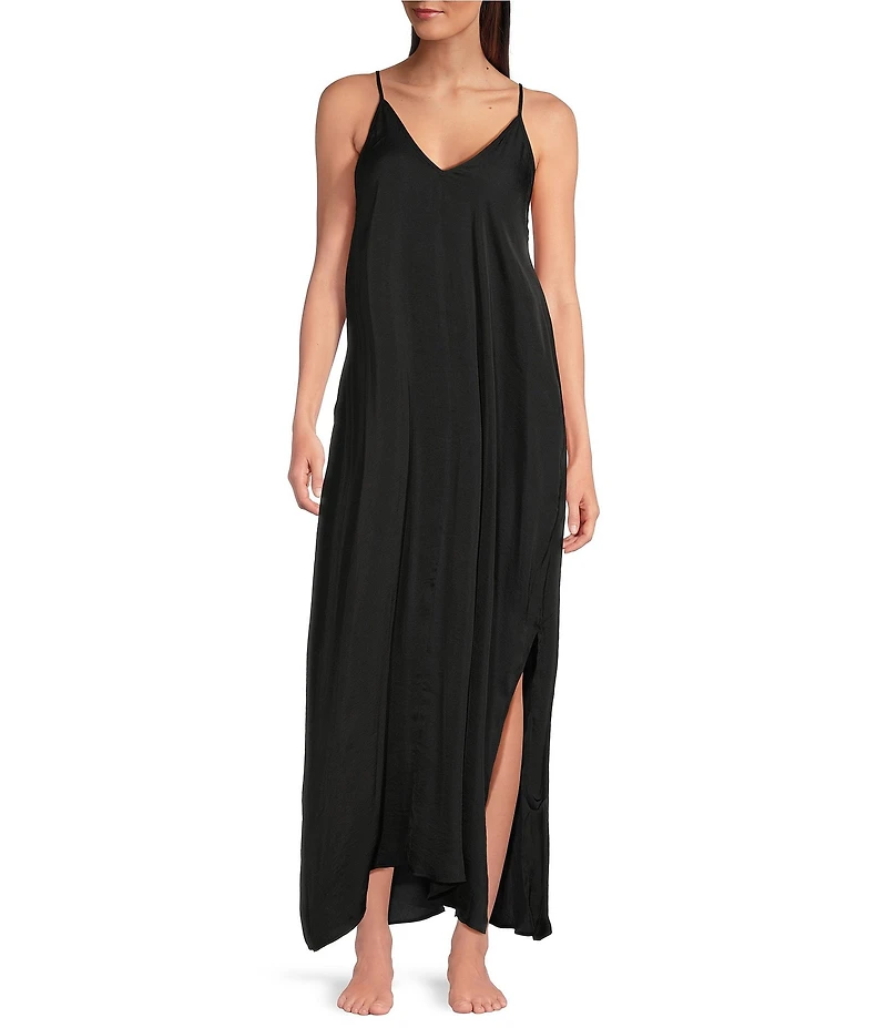 Van Winkle & Co. Solid Washed Satin Sleeveless V-Neck Maxi Chemise