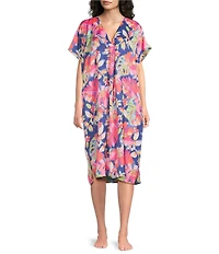 VAN WINKLE & CO. Texture Tropical Print V-Neck Short Dolman Sleeve Satin Midi Caftan