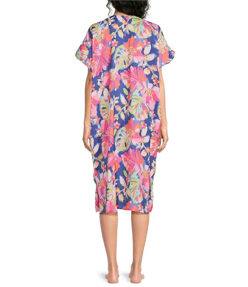 VAN WINKLE & CO. Texture Tropical Print V-Neck Short Dolman Sleeve Satin Midi Caftan