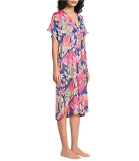 VAN WINKLE & CO. Texture Tropical Print V-Neck Short Dolman Sleeve Satin Midi Caftan