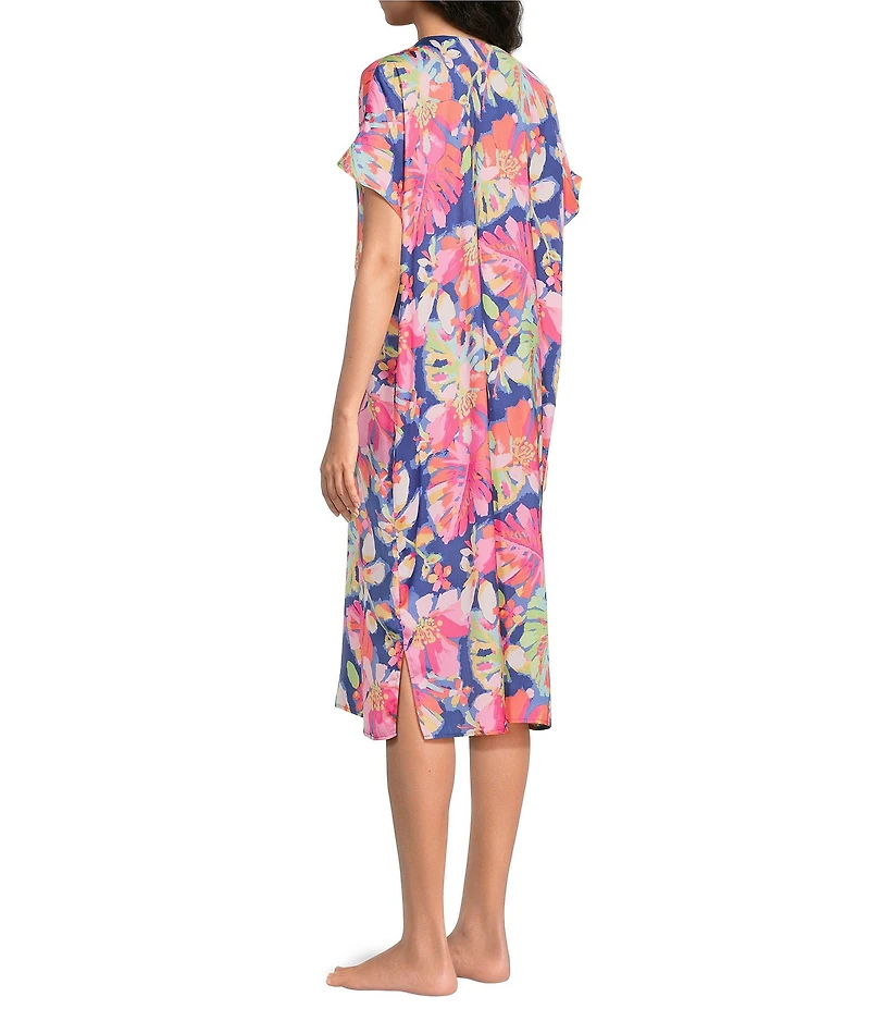VAN WINKLE & CO. Texture Tropical Print V-Neck Short Dolman Sleeve Satin Midi Caftan