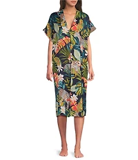 VAN WINKLE & CO. Wild Jungle Print V-Neck Short Dolman Sleeve Satin Midi Caftan