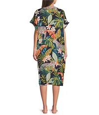 VAN WINKLE & CO. Wild Jungle Print V-Neck Short Dolman Sleeve Satin Midi Caftan