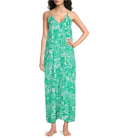 VAN WINKLE & CO. Woven Satin Botanica Print Sleeveless V-Neck Side Slit Maxi Chemise