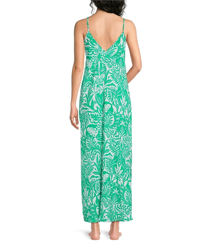 VAN WINKLE & CO. Woven Satin Botanica Print Sleeveless V-Neck Side Slit Maxi Chemise