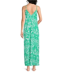 VAN WINKLE & CO. Woven Satin Botanica Print Sleeveless V-Neck Side Slit Maxi Chemise