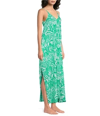 VAN WINKLE & CO. Woven Satin Botanica Print Sleeveless V-Neck Side Slit Maxi Chemise