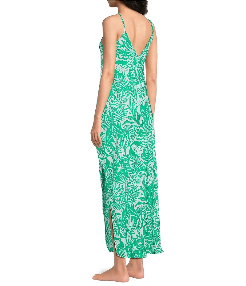 VAN WINKLE & CO. Woven Satin Botanica Print Sleeveless V-Neck Side Slit Maxi Chemise