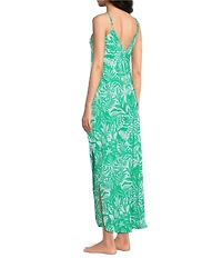 VAN WINKLE & CO. Woven Satin Botanica Print Sleeveless V-Neck Side Slit Maxi Chemise