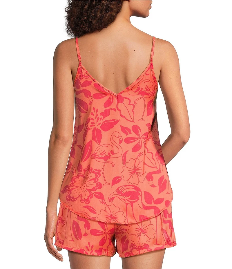 VAN WINKLE & CO. Woven Satin Flamingo Print Sleeveless V-Neck Coordinating Sleep Top
