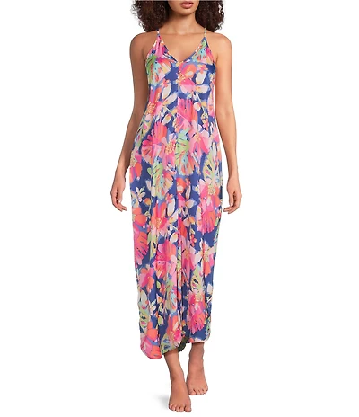 VAN WINKLE & CO. Woven Satin Texture Tropical Print Sleeveless V-Neck Maxi Chemise