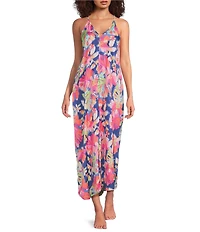 VAN WINKLE & CO. Woven Satin Texture Tropical Print Sleeveless V-Neck Maxi Chemise