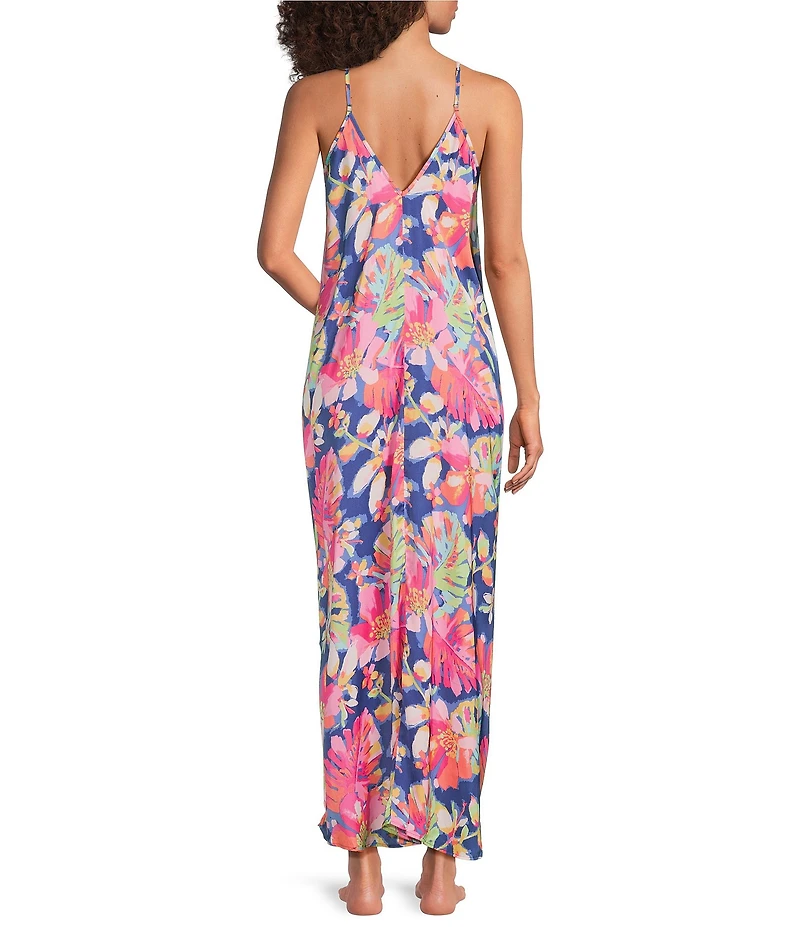 VAN WINKLE & CO. Woven Satin Texture Tropical Print Sleeveless V-Neck Maxi Chemise