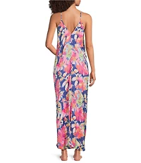VAN WINKLE & CO. Woven Satin Texture Tropical Print Sleeveless V-Neck Maxi Chemise