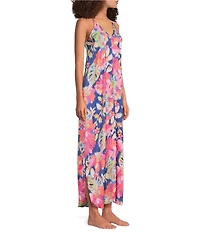 VAN WINKLE & CO. Woven Satin Texture Tropical Print Sleeveless V-Neck Maxi Chemise