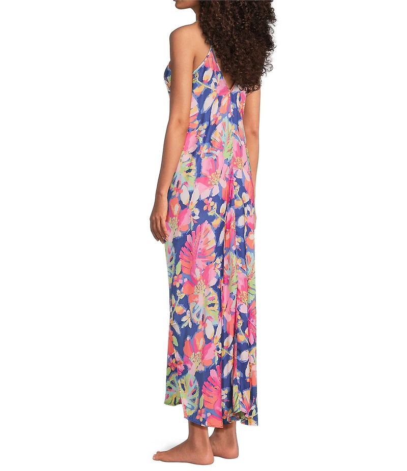 VAN WINKLE & CO. Woven Satin Texture Tropical Print Sleeveless V-Neck Maxi Chemise