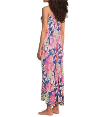 VAN WINKLE & CO. Woven Satin Texture Tropical Print Sleeveless V-Neck Maxi Chemise