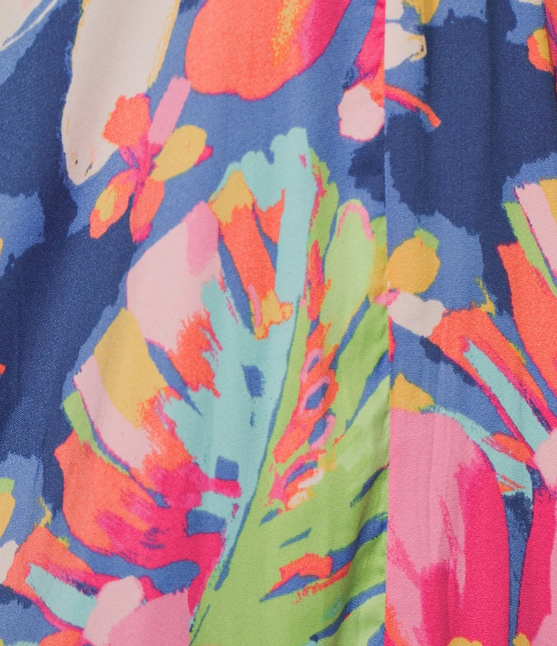 VAN WINKLE & CO. Woven Satin Texture Tropical Print Sleeveless V-Neck Maxi Chemise