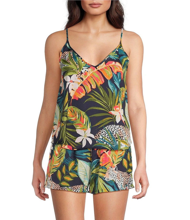 VAN WINKLE & CO. Woven Satin Wild Jungle Print Sleeveless V-Neck Coordinating Sleep Top