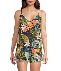 VAN WINKLE & CO. Woven Satin Wild Jungle Print Sleeveless V-Neck Coordinating Sleep Top