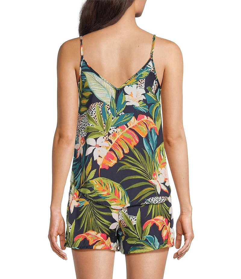 VAN WINKLE & CO. Woven Satin Wild Jungle Print Sleeveless V-Neck Coordinating Sleep Top